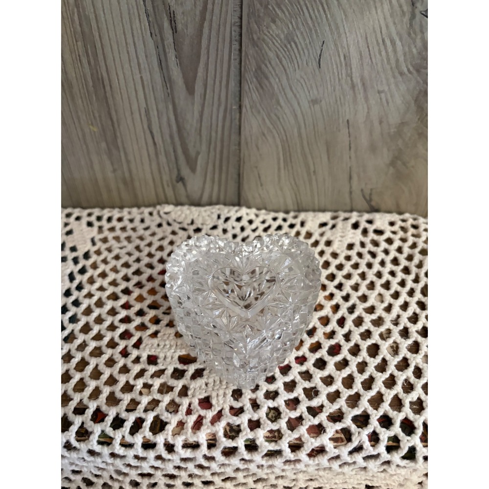 Vintage Heart Shaped Pressed Glass Trinket Box Diamond Cut Clear Jewelry Dish